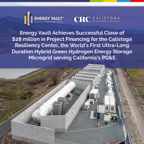 original Energy Vault Achieves Successful Close of $28 million in Project Financing for the Calistoga Resiliency Center, the World’s First Ultra-Long Duration Hybrid Green Hydrogen Energy Storage Microgrid serving California’s PG&E