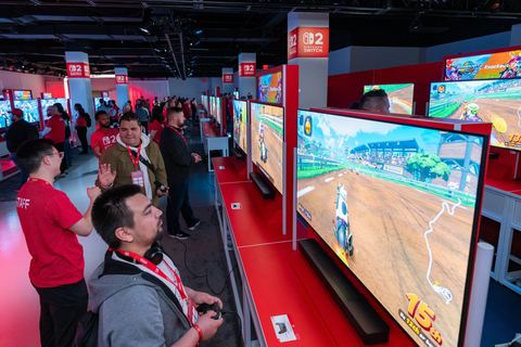 thumbnail In this photo provided by Nintendo of America, guests enjoy playing the Mario Kart World game on the Nintendo Switch 2 system at the Nintendo Switch 2 Experience event in New York on Apr. 4, 2025. With new ways to play and new ways to connect players, the Nintendo Switch 2 system arrives June 5.