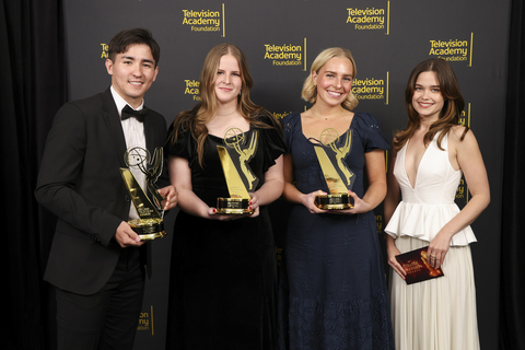 original Sarah Catherine Hook (right) presented the ‘Commercial, PSA or Promo’ Category Award to Brigham Young University students (from left) Ben Thornock, Mia Shumway and Annie Ebert at the 44th College Television Awards presented by the Television Academy Foundation April 5, 2025, in Los Angeles. (Photo by Mark Von Holden/Invision for the Television Academy/AP Content Services)