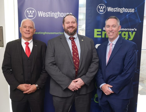 original Westinghouse and Celeros Flow Technology sign a memorandum of understanding to support AP1000® and AP300™ projects in Canada and globally. From left: Ken Lazzara, Global Commercial Director, Celeros FT; Sean Jones, Senior Director of Energy Systems Account Management & Procurement Execution, Westinghouse; and Bill Cronauer, Director of Sales, Celeros FT.
