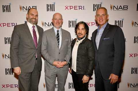 original L to R: NAB’s President & CEO Curtis LeGeyt; NFL Network’s Rich Eisen accepts Television Hall of Fame Award for the NFL; BMI songwriter and Radio Hall of Fame inductee John Oates and BMI’s President & CEO Mike O’Neill at the BMI/NAB 75th Anniversary Dinner held at Encore Las Vegas on April 8, 2025. Photo Credit: Lester Cohen for BMI.