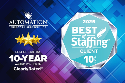 original Automation Personnel Services, a leader in light-industrial staffing, has won the 2025 ClearlyRated® Best of Staffing 10-Year Diamond Award for a decade of excellence in staffing.