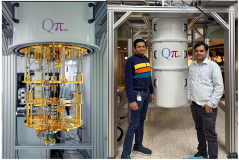 original QpiAI Gen-1 25 qubit Quantum computer Indus, picture from QpiAI Bangalore centre with CEO Dr Nagendra Nagaraja (Left) and VP of Quantum hardware Dr Manjunath R V (Right).