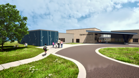 original Rendering of Crown Pointe Academy’s future Pre-K–2nd Grade Building, set to open in 2026. The new facility will expand learning opportunities in a vibrant, student-centered environment, supporting the school’s mission of academic excellence and character development from the earliest years.