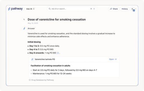 original Clinicians can now instantly access dosing guidance directly within the Pathway AI interface. This information is powered by Pathway’s integrated drug database.