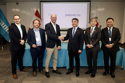 original Leaders of SAMSUNG E&A and Svante sign a joint development agreement at a private signing ceremony during Svante's Grand Opening Event in Burnaby, BC, Canada. The companies have partnered to jointly develop and deliver modular, standardized carbon capture plants to industrial facilities worldwide. From the left: Matt Stevenson, CRO, Svante Group, Mark Claessen, President, Svante Solutions & Digital Services, Claude Letourneau, President & CEO, Svante Group, Hong Namkoong, CEO & President, SAMSUNG E&A, Sean Chung, Head of Sustainable Solutions Division, SAMSUNG E&A, Wonsik Cho, VP of Sustainable Solutions, SAMSUNG E&A.