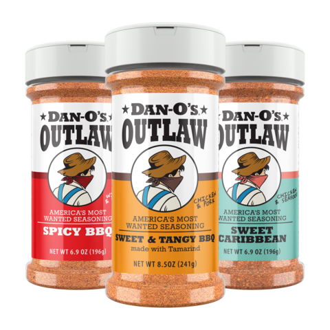 original Dan-O’s Seasoning is adding a new line of bold, smoky, spicy BBQ blends appropriately called Dan-O’s Outlaw. L-R: Spicy BBQ, Sweet & Tangy BBQ with Tamarind and Sweet Caribbean.