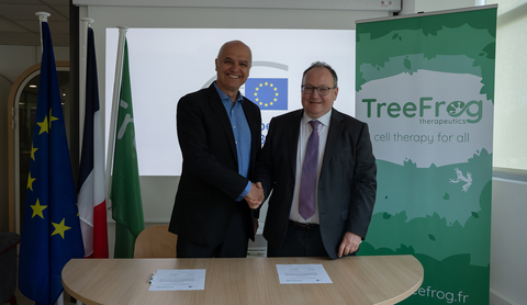 original Vice-President Ambroise Fayolle, EIB and Frederic Desdouits, CEO TreeFrog Therapeutics sign financing of €30million to accelerate cell therapy programs.