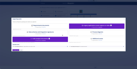 original This screenshot shows how new features in Pega Blueprint accelerate legacy transformation projects by allowing users to upload different types of existing system documentation for analysis and redesign into more modern systems.