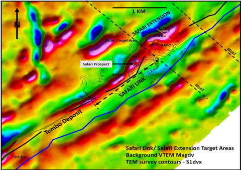 thumbnail Figure 8: Location of Safari Link and Safari Extension exploration targets with airborne Versatile Time-Domain Electromagnetic background and interpreted major faults.