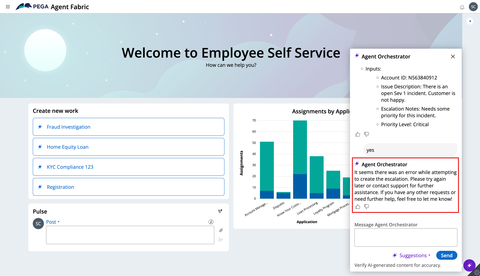 thumbnail This screenshot shows how an AI agent on the Pega Agentic Process Fabric can be embedded onto a self-service portal to the benefit of employees and customers.