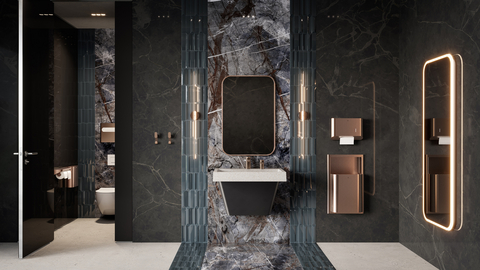 original Elvari Washroom Accessories Collection elevates and unifies the look of commercial restrooms while improving functionality and maintenance. Elvari accessories, such as mirrors and dispensers, feature a refined Euro shaped design with radiused corners and soft edges for a beautifully coordinated look.