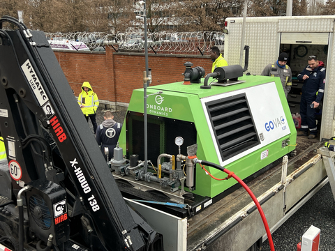 original Onboard Dynamics’ GoVAC® Pipeline Evacuation System—an innovative, self-powered mobile unit designed to capture and recover natural gas during pipeline evacuations, eliminating the need for venting or flaring. Pictured here in action during a pipeline drawdown project in France.