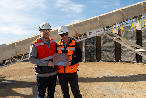 original Patricio Rendic (General Manager, CMSG) and Cristóbal Undurraga (CEO, Ceibo) with the first copper cathode produced on-site at CMSG using Ceibo’s proprietary sulfide leaching technology.
