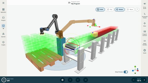 original With UR Studio, users can test robot movements, simulate reach, speed and workflow, and calculate cycle time, making it the simplest way to configure an optimized cell, maximizing return on investment before deployment even starts.