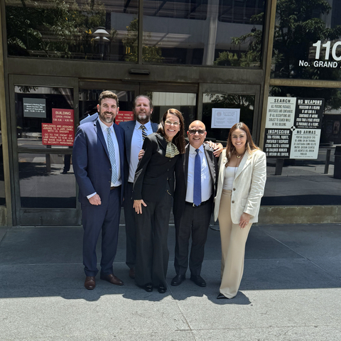 original As pictured, from left to right: Brennan Hershey, Johnny Rundell, Nancy Valla, David deRubertis, and Leslie Gomez-Garcia after securing landmark $27.5 million jury verdict against Dignity Health in whistleblower retaliation case.