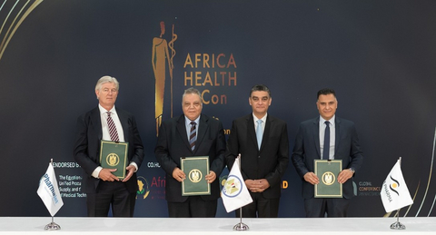 original Following signing of the MOU agreement, signers pose for a photo (from right to left) : Dr. Ahmed Sharabeya, Global Marketing and Business Excellence Head for EVA Pharma, H.E. Dr. Hisham Stait, Chairman, Egyptian Unified Procurement Authority, Dr. Mahmoud Amr Abdel Hamid Gad, Deputy Head of Egyptian Unified Procurement Authority, and Dr. Wouter Latour, Chief Executive Officer, PharmaJet.