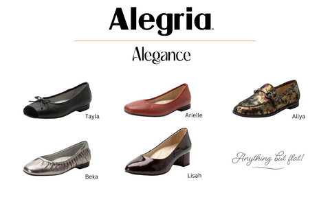 original Alegria™ Shoes Fall 2025 NEW styles and collections pictured from left to right and then top row to bottom row: NEW Tayla, shown in black, also available in gingerbread, maroon mist, navy mist and champagne mist; NEW Arielle, shown in festive, also available in black, after midnight, wheat and striking; NEW Aliya, shown in metallic mist, also available in black, blue notes, upscale and gingerbread; NEW Beka, shown in pewter, also available in black and pinot noir; and NEW Lisah, shown in jam patent, also available in black patent, black and official. Photo courtesy of Alegria Shoes.