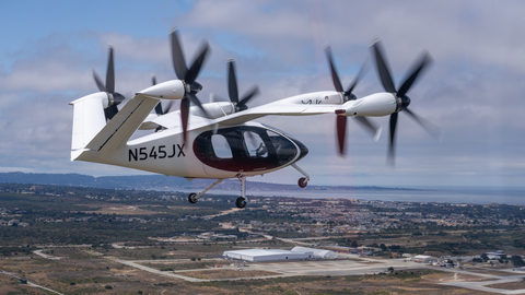 original Joby’s new aircraft in flight over its expanded facility in Marina, California. Courtesy of Joby Aviation.