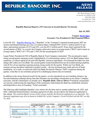 thumbnail Republic Bancorp Reports a 25% Increase in Second Quarter Net Income