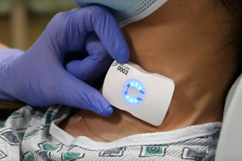 original FloPatch, a wearable Doppler ultrasound device, is applied to the neck to measure real-time blood flow and help clinicians make faster, more personalized treatment decisions.