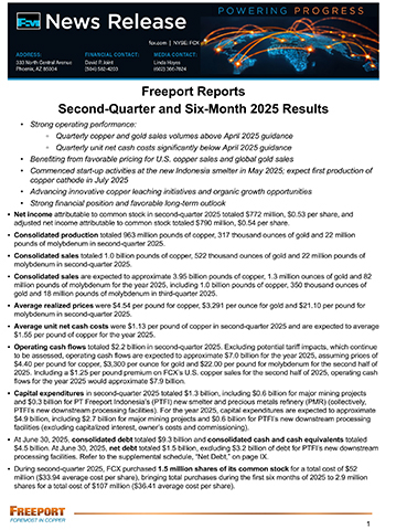 thumbnail Freeport Reports Second-Quarter and Six-Month 2025 Results