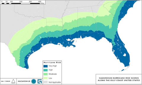 original HazardHub U.S. Hurricane Risk Map highlights hurricane risk exposure based on historical storm paths, surge zones, and property vulnerability.