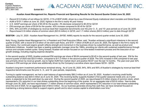 thumbnail Acadian Asset Management Inc. Reports Financial and Operating Results for the Second Quarter Ended June 30, 2025