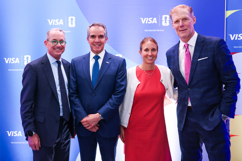 Robert Thomson, Senior Vice President of Global Government Affairs at Visa; Eduardo Coello, Regional President for Latin America and the Caribbean at Visa; Amy Hopfinger, Chief Business and Strategy Officer for the FIFA World Cup 2026™; and Alexi Lalas, U.S. soccer legend and former national team defender, pose for a photo during the Visa FIFA World Cup 2026™ reception at the Visa Payments Vault on Wednesday, July 30, 2025 in Washington, D.C. The event celebrated the tournament’s global impact and Visa’s role as a sponsor.