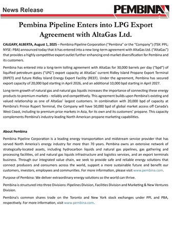 thumbnail Pembina Pipeline Enters into LPG Export Agreement with AltaGas Ltd.