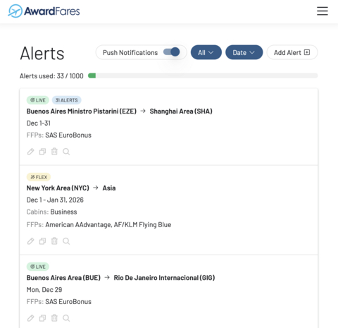 thumbnail The main Alerts dashboard in AwardFares, where users can manage all their active Live and Flex alerts in one place, with options to edit, duplicate, delete, or instantly trigger a new search.