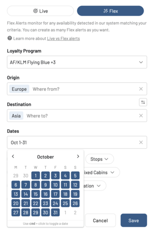 thumbnail Creating a Flex Alert for broad, discovery-focused searches is simple. Users can set entire regions like Europe to Asia and select a wide date range to get notified about new travel opportunities.
