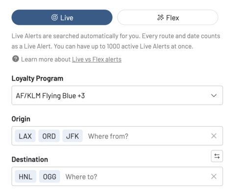 thumbnail Setting up a precise Live Alert to monitor multiple origin and destination airports simultaneously. This allows users to track specific routes from various departure points to their chosen destination in a single alert.