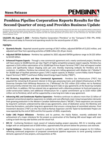 thumbnail Pembina Pipeline Corporation Reports Results for the Second Quarter of 2025 and Provides Business Update