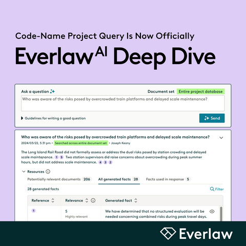 original Everlaw AI Deep Dive (formerly know as Project Query) is a powerful new GenAI tool that transforms litigation and investigations. It allows legal teams to search terabytes of ediscovery in seconds simply by asking questions in conversational language, uncovering insights in an entire corpus. Answers are supported with a list of facts and referenceable resources so users can dive deeper into the breakdown of information available as part of the response. RAG, Refinement and Reasoning: Deep Dive is built on retrieval-augmented generation (RAG) techniques. Everlaw has paired its refinement approach with the latest in LLM reasoning models, which make more logical inferences and draw more nuanced conclusions that are highly valuable to legal cases.