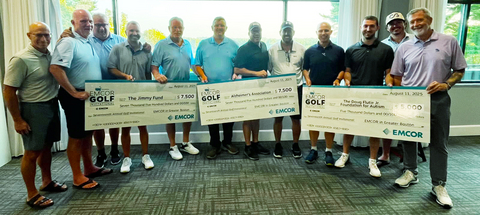 original $20,000 was raised for three local charities during ceremonies at the 17th Annual Greater Boston Charity Golf Tournament Invitational held Monday, August 11 at Blue Hill Country Club, Canton, MA. Checks were presented by Paul Feeney, President, EMCOR Services Northeast, Inc.; Bill Dunham, CEO, and Tammy Ferland, President, J.C. Higgins Corp.; and Tom Coates, General Manager and Vice President, Building Technology Engineers, Inc., along with event participants.