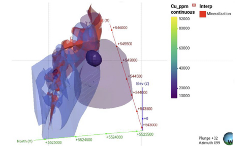 thumbnail Figure 4 – High-grade mineralized zone (“A” Zone) versus Copper (Cu) numerical model