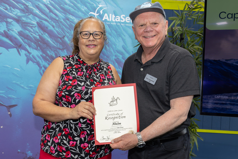 original California State Senator Laura Richardson presents AltaSea President and CEO Terry Tamminen with a certificate of recognition for the ocean-based research and innovation happening on AltaSea's campus.
