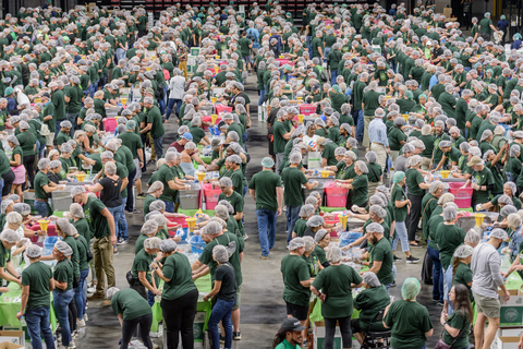 original Humana employees pack one million meals in partnership with U.S. Hunger at the KFC Yum! Center during Humana Community Day in Louisville, KY, Aug. 21, 2024. Photo by Brian Bohannon/AP Images for Humana.