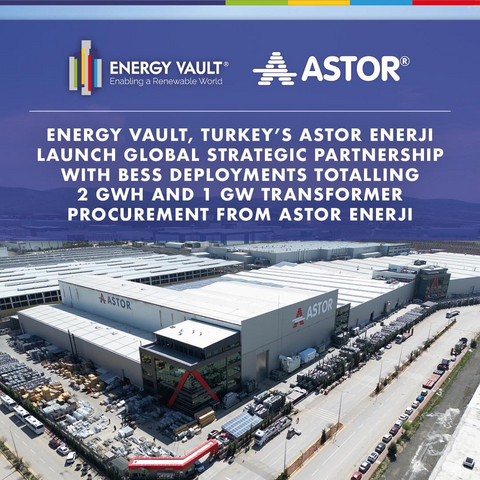 original Energy Vault與土耳其公司Astor Enerji啟動全球策略性合作夥伴關係，將部署總計2 GWh的電池儲能系統並從Astor Enerji採購1 GW變壓器