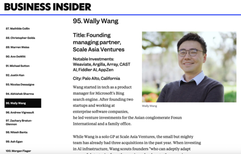 original Business Insider’s Top 100 Venture Capitalists: Wally Wang, Founding Managing Partner of Scale Asia Ventures, recognized for notable AI and enterprise software investments including Weaviate, CAST AI, Fiddler AI, and more.