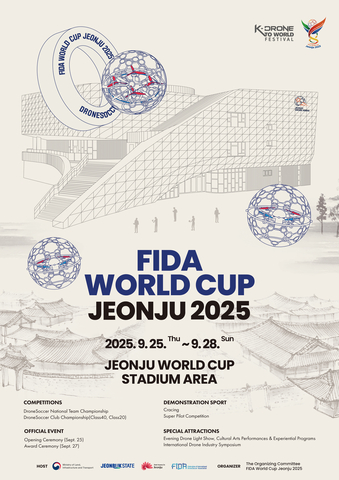 thumbnail 2025全州FIDA世界杯将于9月25日至28日在全州世界杯体育场举行，预计将吸引32个国家的2500余名运动员参与。这场盛会将成为全球无人机足球爱好者的聚集地，融合创新运动与全州丰富的文化和旅游资源。（图示：全州市）