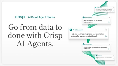 original "Crisp, AI Retail Agent Studio. Go from data to done with Crisp AI Agents". The right side of the image includes examples of what you might ask a retail Agent, such as "help me prepare for my retailer business review".