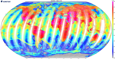 Striking 24-hour image from MWS’s Channel 17 on 24 August. Besides Earth’s surface properties, this channel is also sensitive to convective clouds, shown as various filaments and banding structures over the oceans. For instance, the red swirl visible in the North Atlantic reflects the deep convective cloud system of Ex-hurricane Erin.