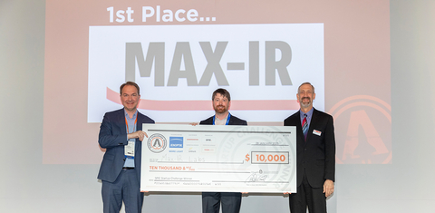 original Jenoptik’s Ralf Kuschnereit, 2025 SPIE Startup Challenge winner Max-IR Lab's Trey Daunis, and 2025 SPIE President Peter de Groot.
