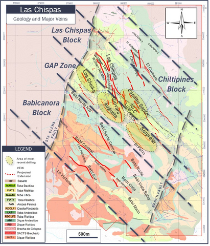 original Figure 1: Las Chispas – Location of major mineralized blocks, key veins and current areas of exploration focus.