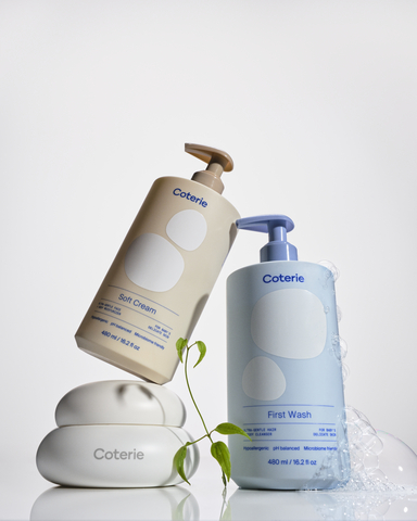 original Coterie's new skincare collection includes the First Wash, Soft Cream, and Bun Balm.
