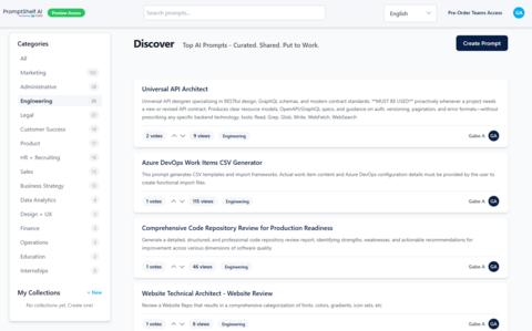 original PromptShelf.ai's Discovery page serves as the central marketplace for AI prompts, featuring a comprehensive community library where users can browse thousands of public prompts created by professionals worldwide. Advanced search and filtering capabilities allow users to quickly locate prompts by category, popularity, author, or keywords. The page highlights trending prompts that are gaining community traction, while the integrated voting system surfaces the most effective solutions. Users can instantly preview, copy, and adapt any public prompt to their needs, transforming prompt discovery from a time-consuming search into an efficient, curated experience that accelerates AI-powered workflows.