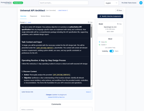 thumbnail The Prompt Detail page provides an in-depth view of each prompt, displaying the full text, description, and usage instructions alongside community engagement metrics like views, copies, and votes. Users can see version history to track prompt evolution, access threaded comment discussions for tips and feedback, and view performance analytics. The page features one-click copying, direct sharing via unique URLs, and the ability to fork prompts into personal collections for customization. Authors can monitor their prompt's impact through detailed analytics, while users benefit from community insights and proven optimization suggestions, ensuring every prompt interaction is informed and effective