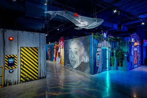 thumbnail A view of challenge room exteriors and larger-than-life local art that fill the sprawling arena in the new Level99 Tysons Corner.